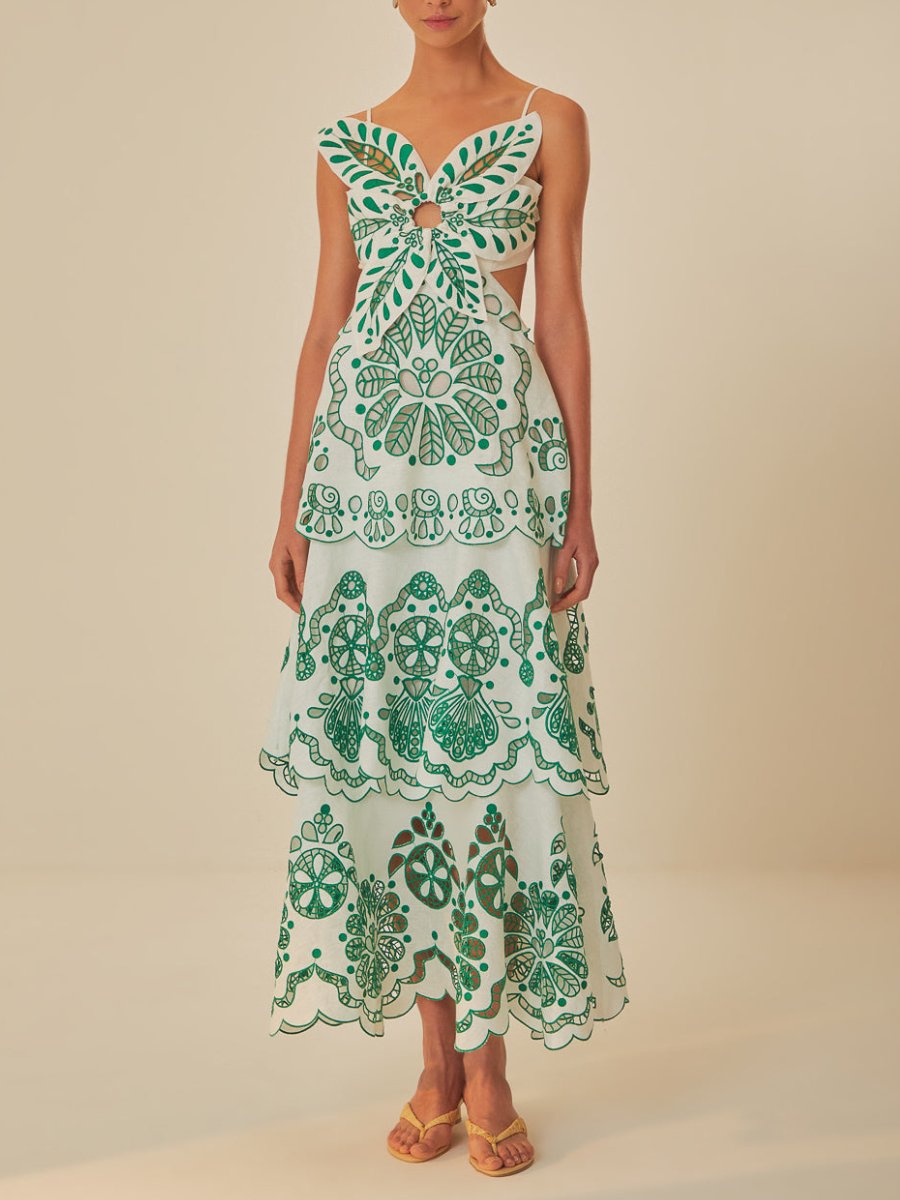 Green Flower Embroidery Midi Dress