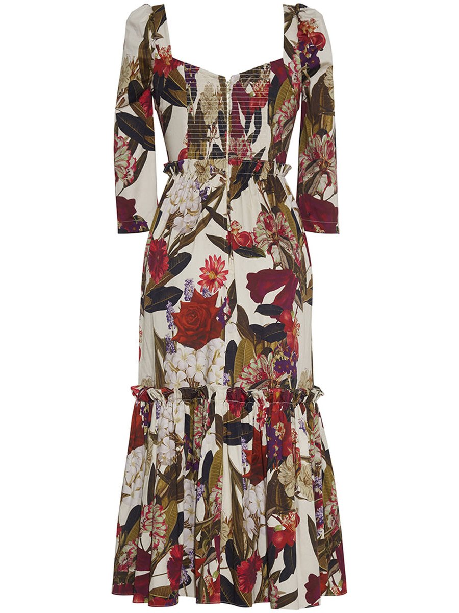 Square Neck Garden Flora Print Midi Dress