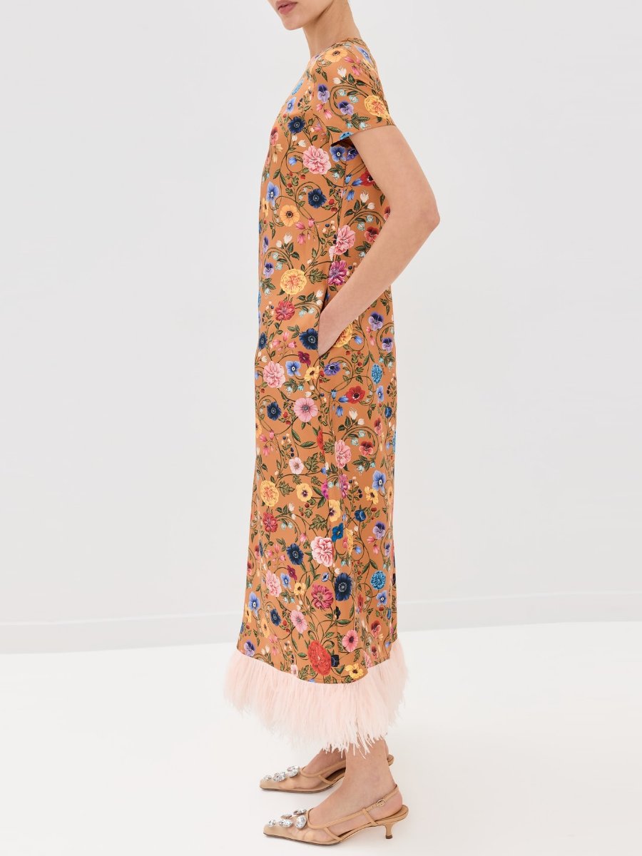 Feather Trimmed Floral Print Silk Maxi Dress