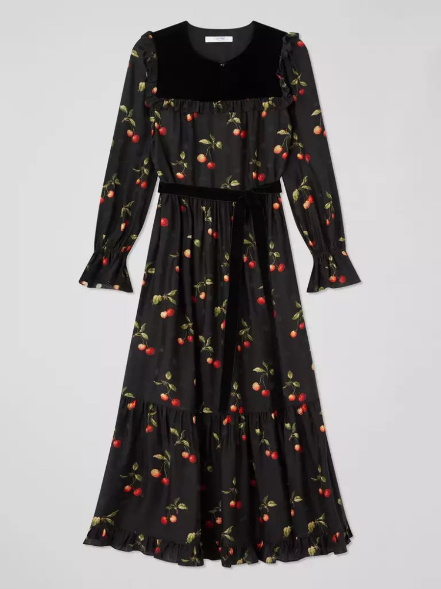 Black And Red Cherry Print Midi Dress