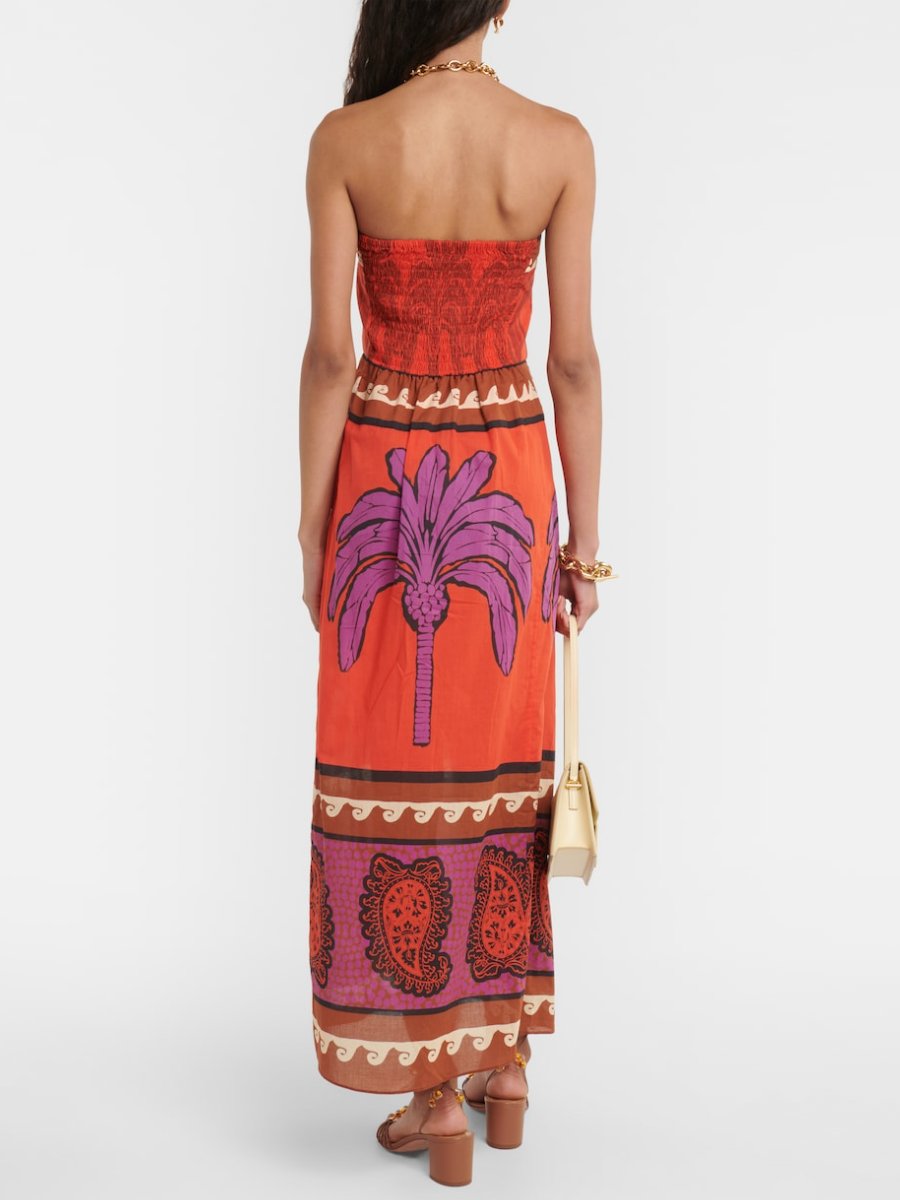 Printed Strapless Voile Maxi Dress