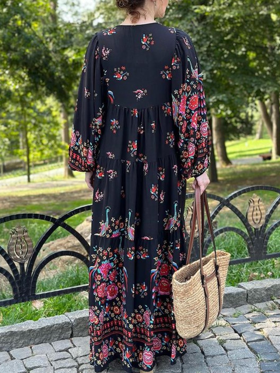 Peacock Print Black Maxi Dress