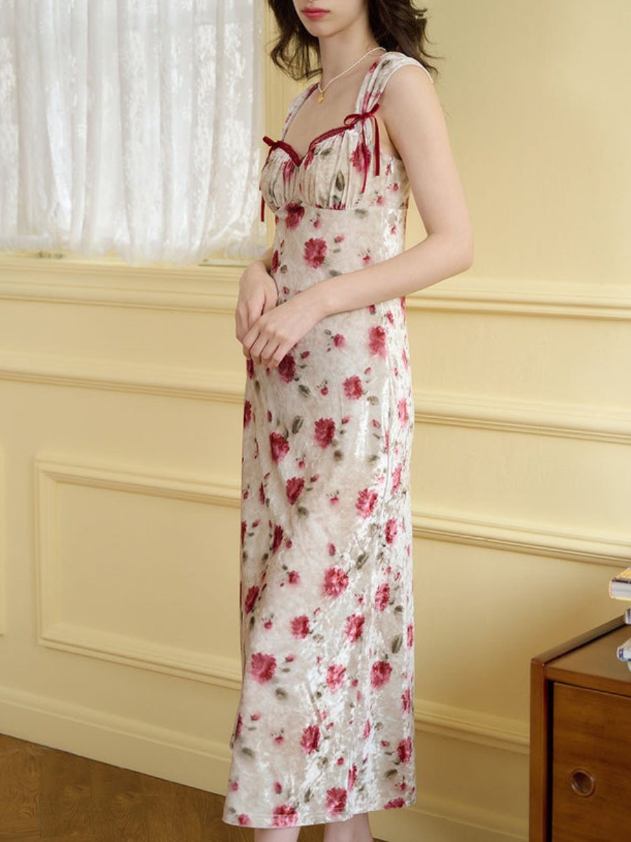 Floral Print Contrast Binding Ruched Bust Maxi Dress