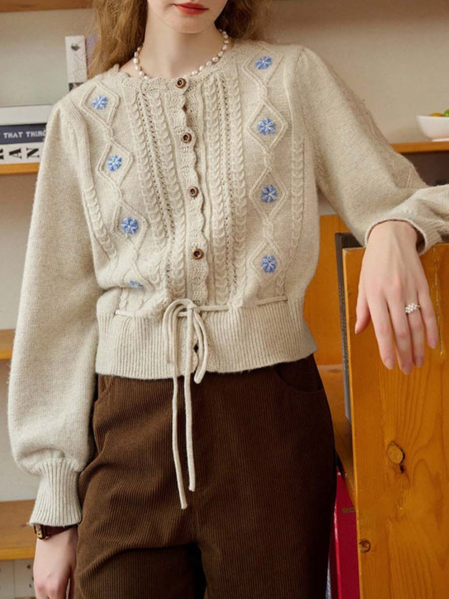 Willow Floral Embroidery Lantern Sleeve Cardigan