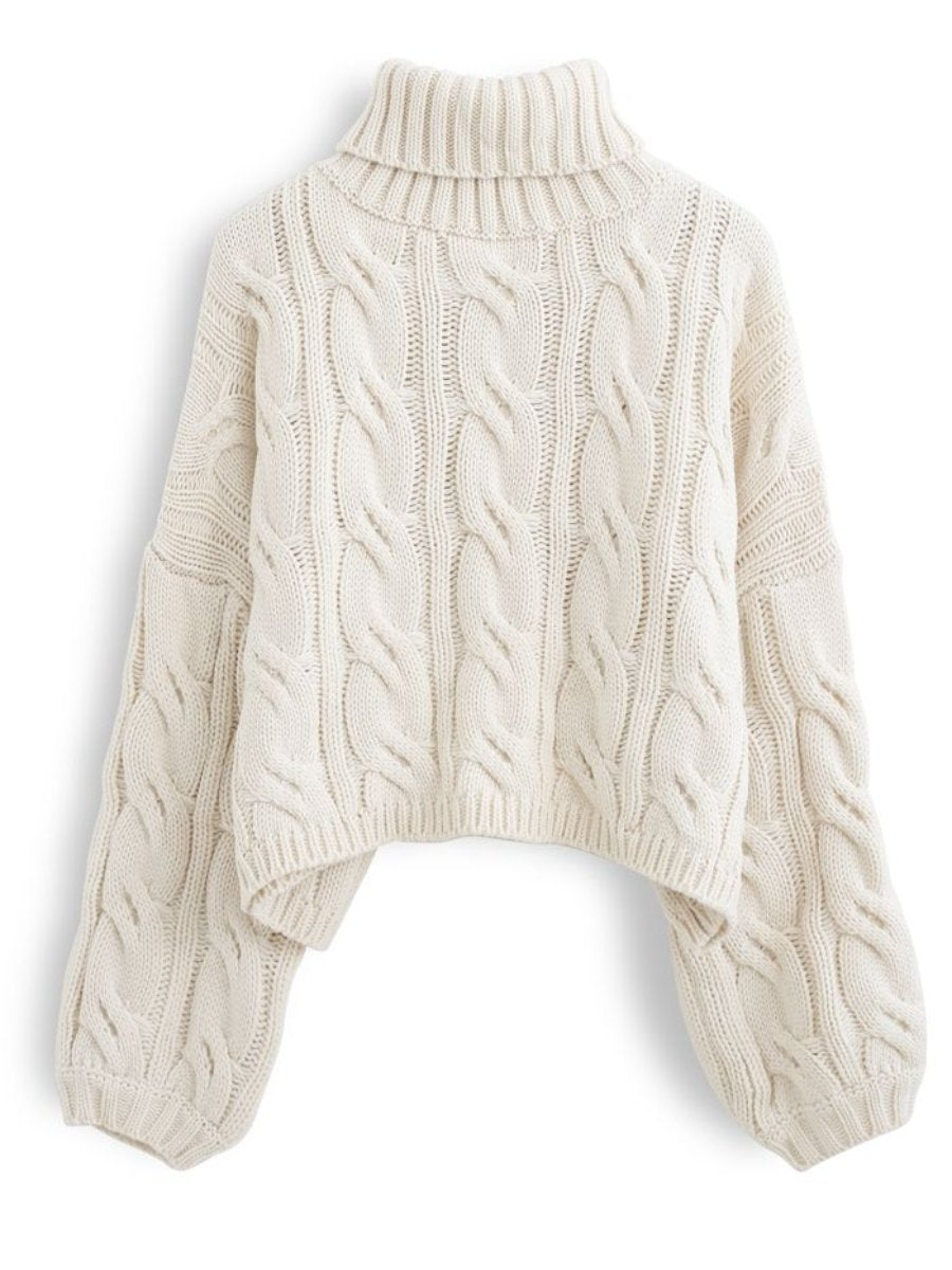 Turtleneck Braid Knit Crop Sweater In Sand