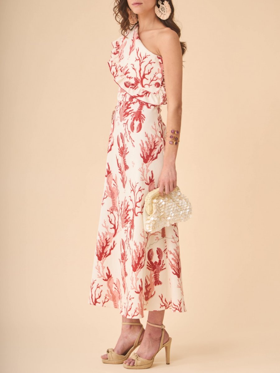 Red Lobster And Coral Print Midi Dress