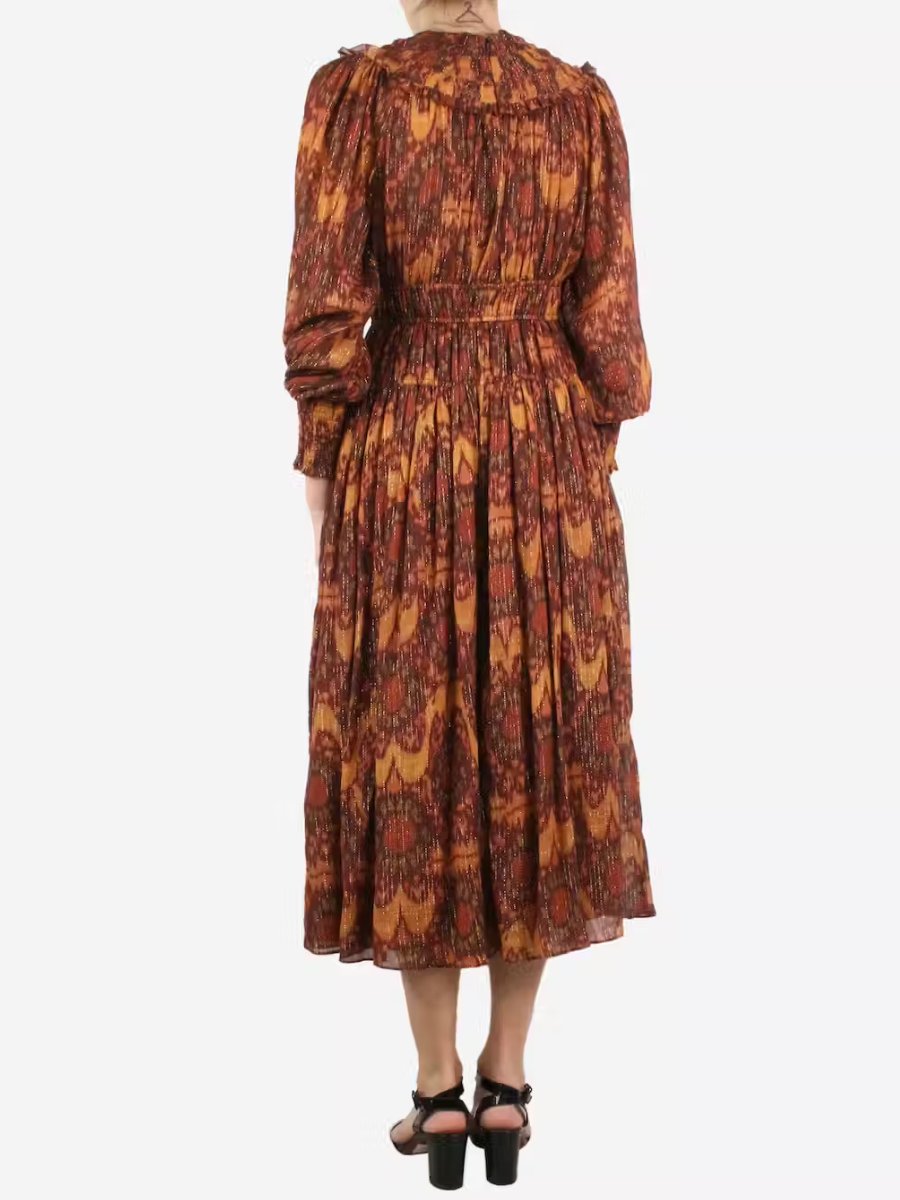 Orange Puff Sleeved Printed Midi Dress