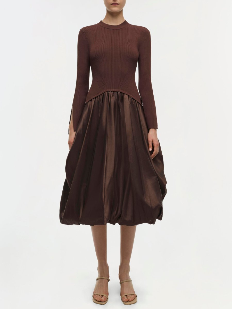 Chocolate Long Sleeve Crew Neck Midi Dress