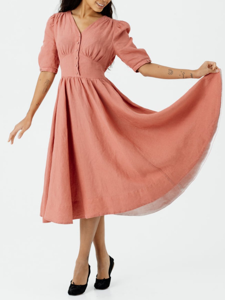 Vintage Pink Puffed Sleeve Midi Dress