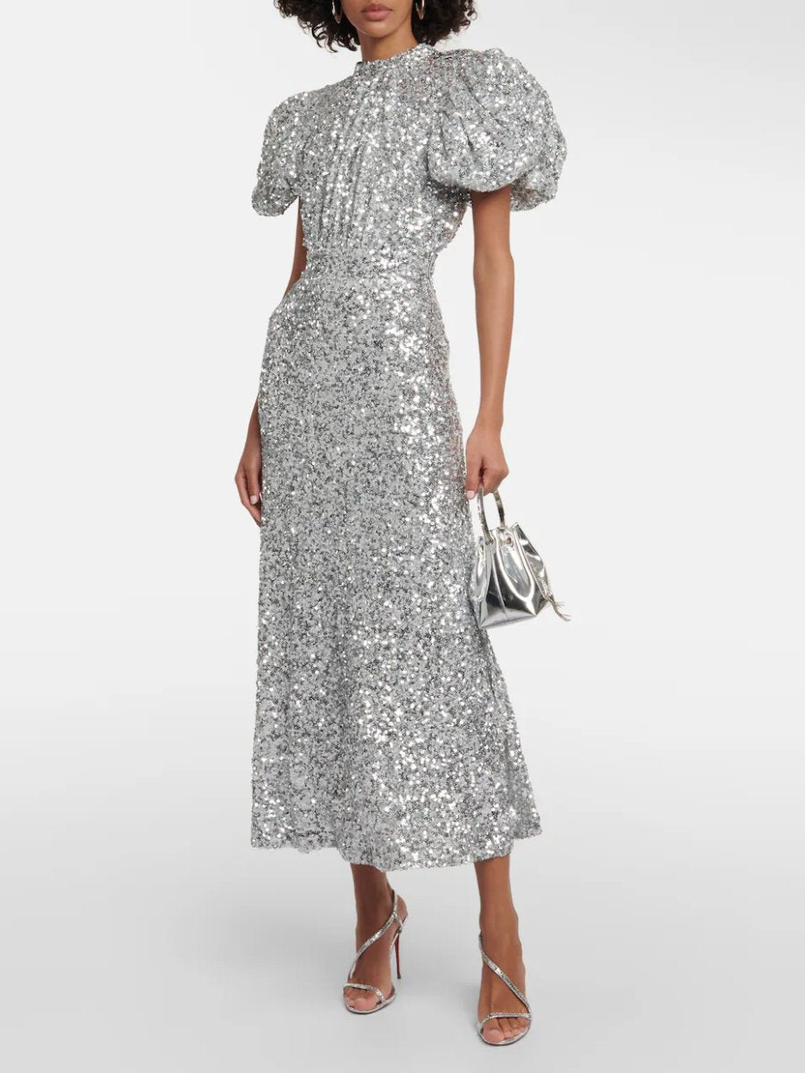 Puff Sleeve Sequined Midi Dress