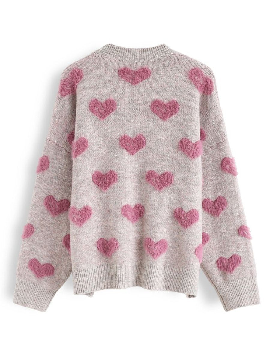 Contrast Color Fuzzy Hearts Knit Sweater