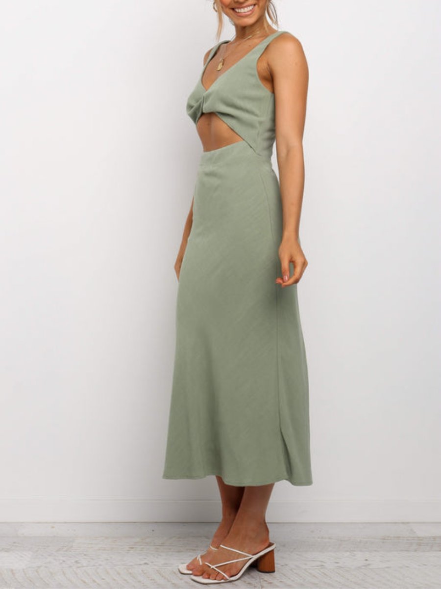 V-Neck Cut Out Olive Midi Dress