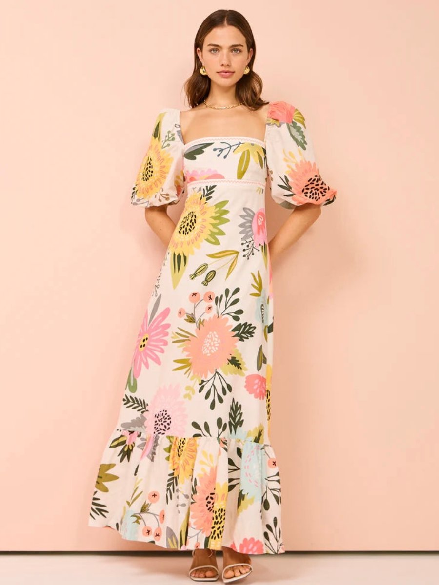 Bubble Sleeve Potpourri Maxi Dress