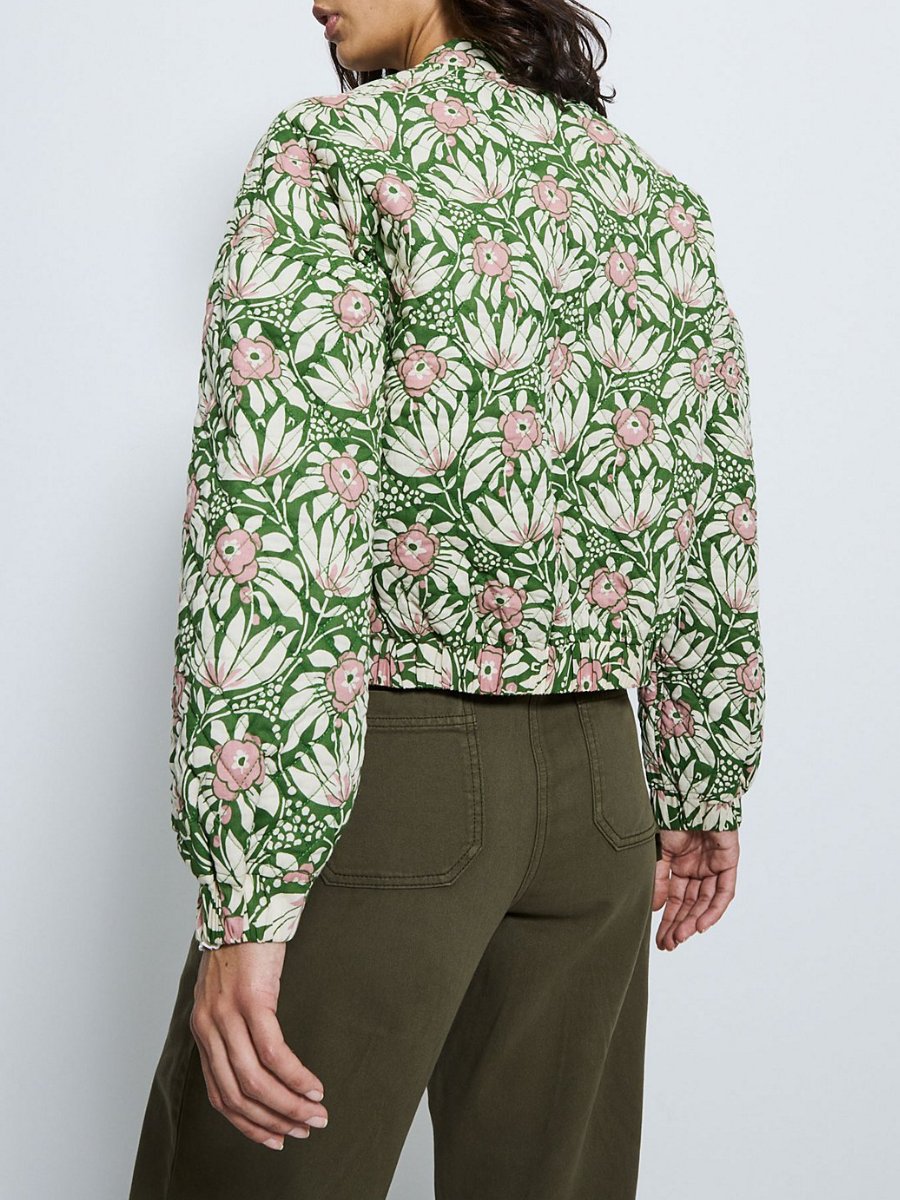 Green Floral Quilted Cuffed Cropped Jacket