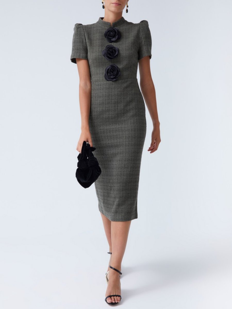 Gray Tweed Short Puffed Sleeves Midi Dress