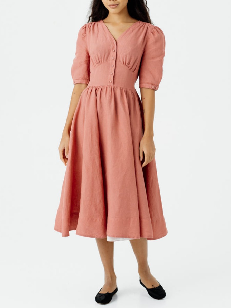 Vintage Pink Puffed Sleeve Midi Dress