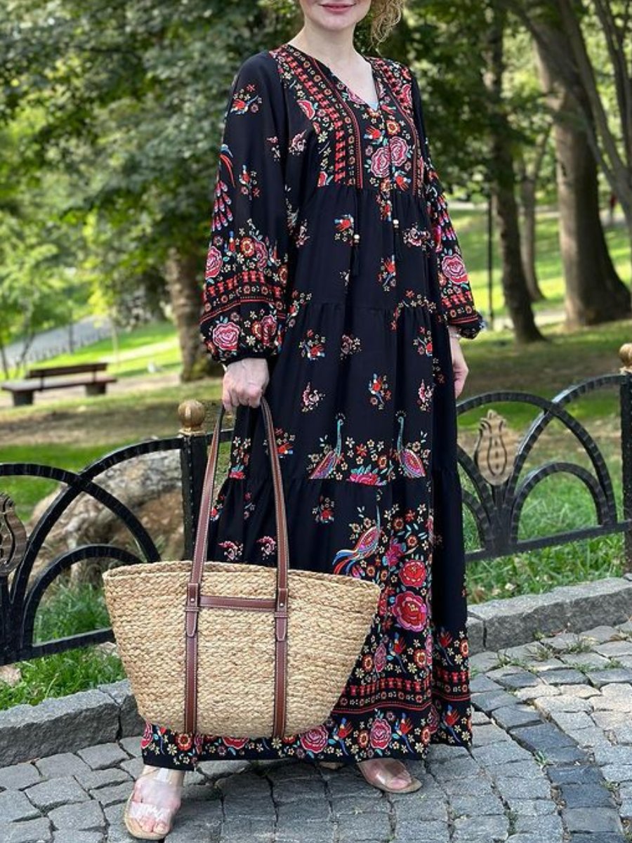 Peacock Print Black Maxi Dress