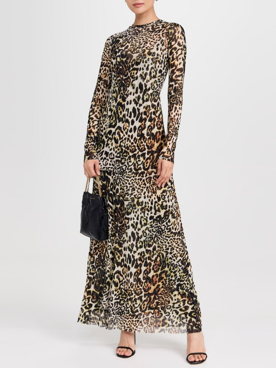 Crew Neck Long Sleeve Leopard Print Maxi Dress