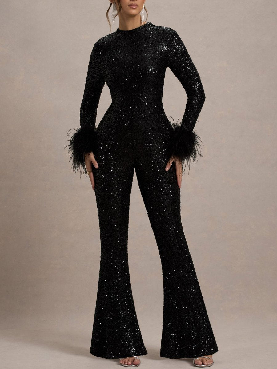 Black Sequin Feather Cuffs Jumpsuit