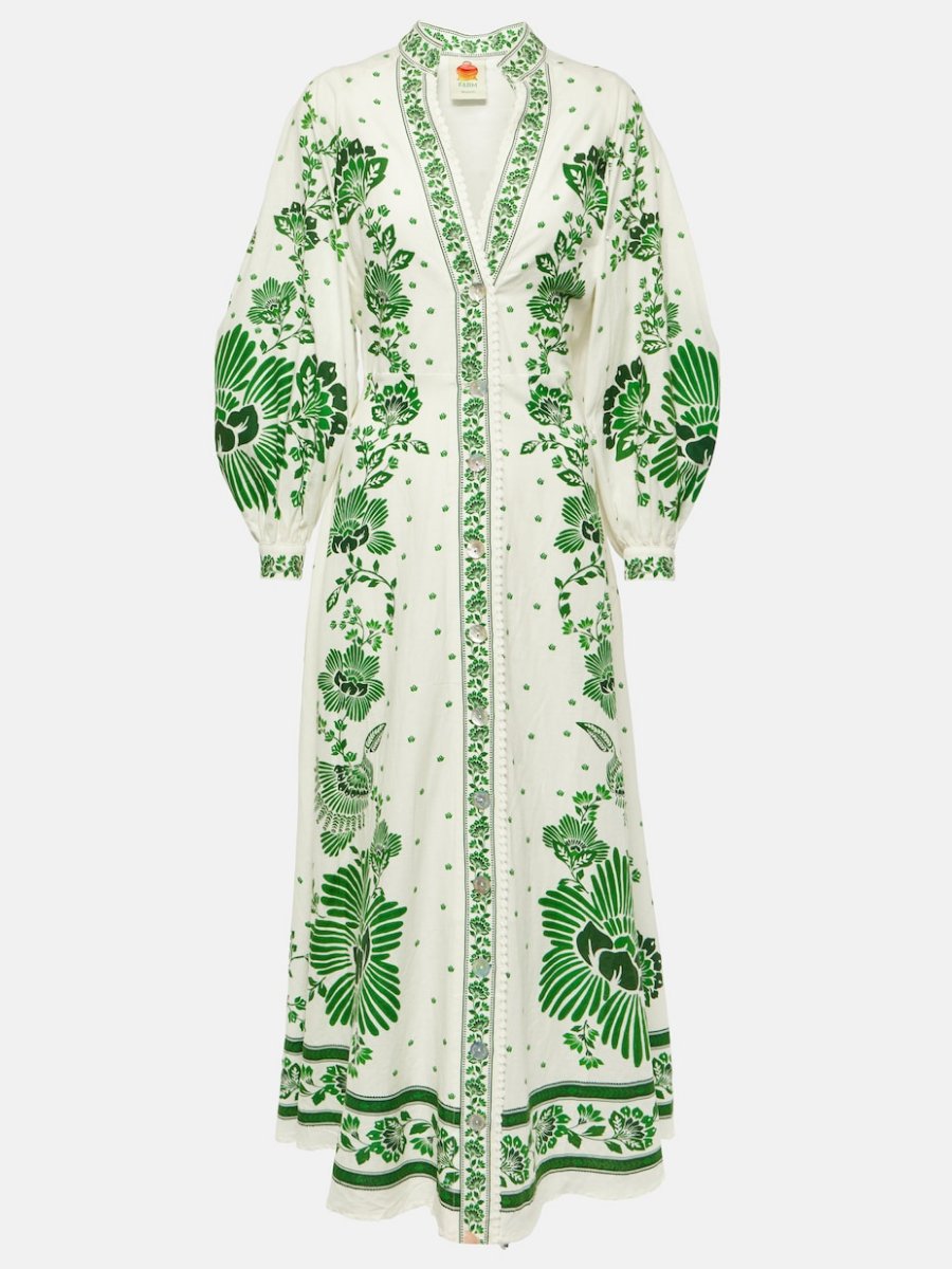 Green Flowers Printed Linen Maxi Dress