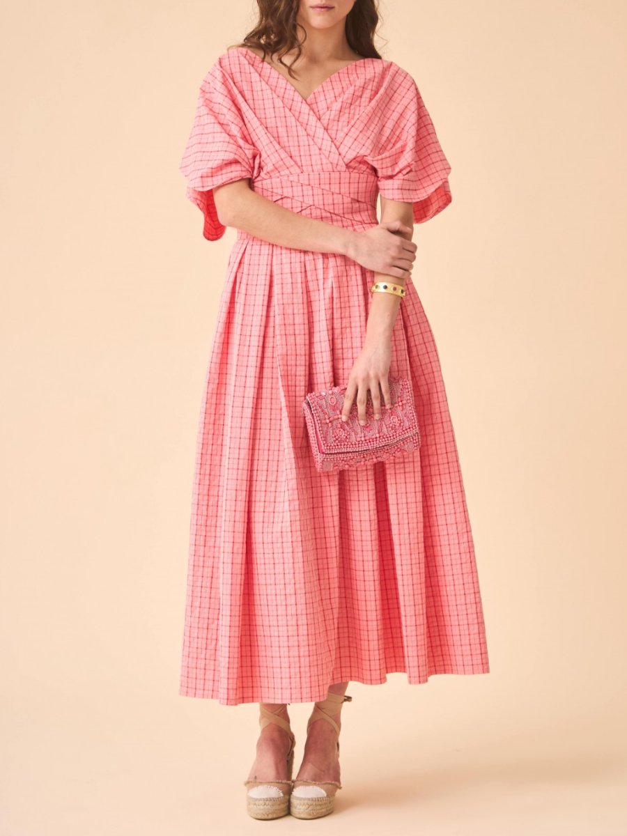 Pink Cotton Checkered Midi Dress