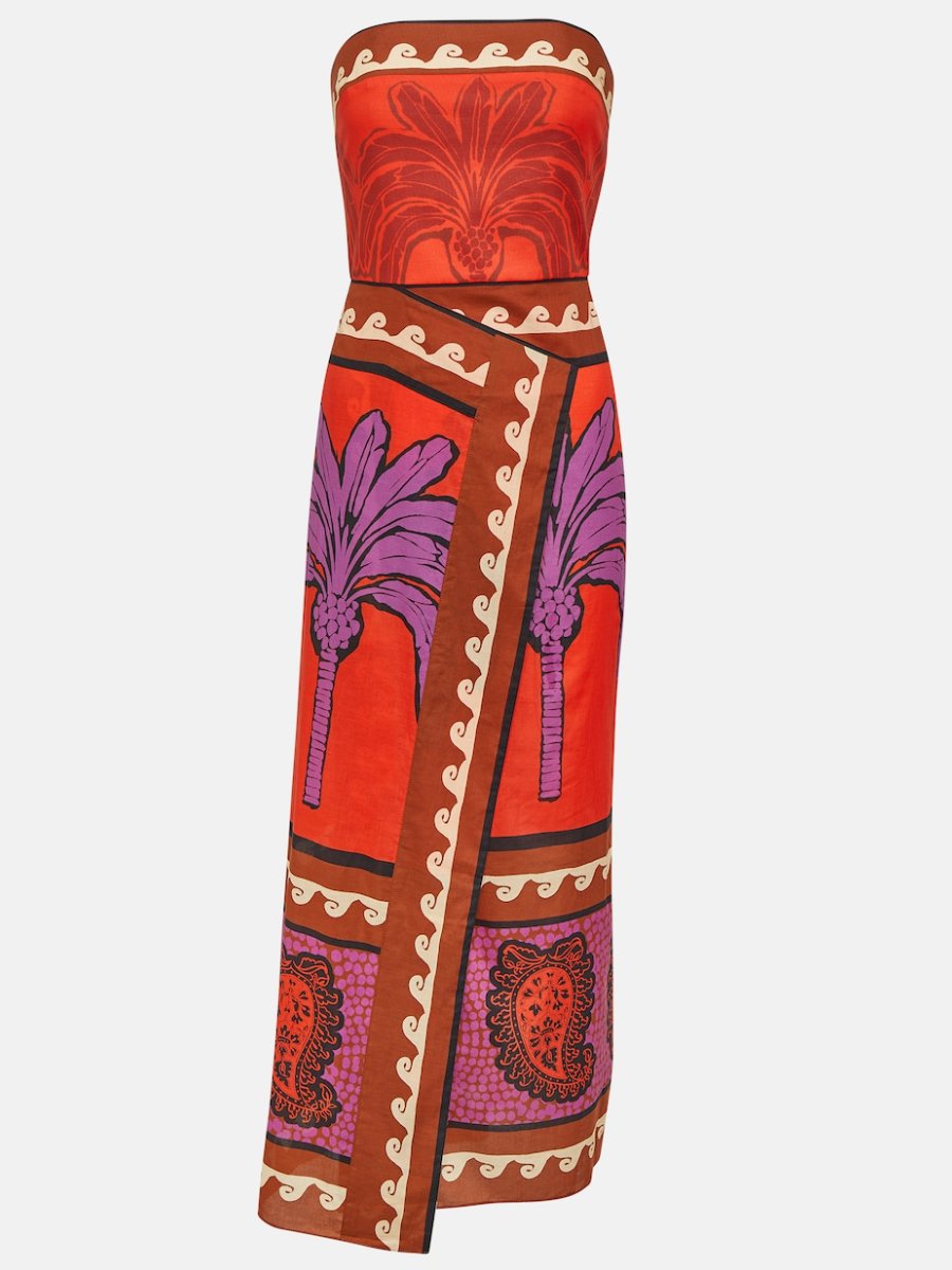 Printed Strapless Voile Maxi Dress