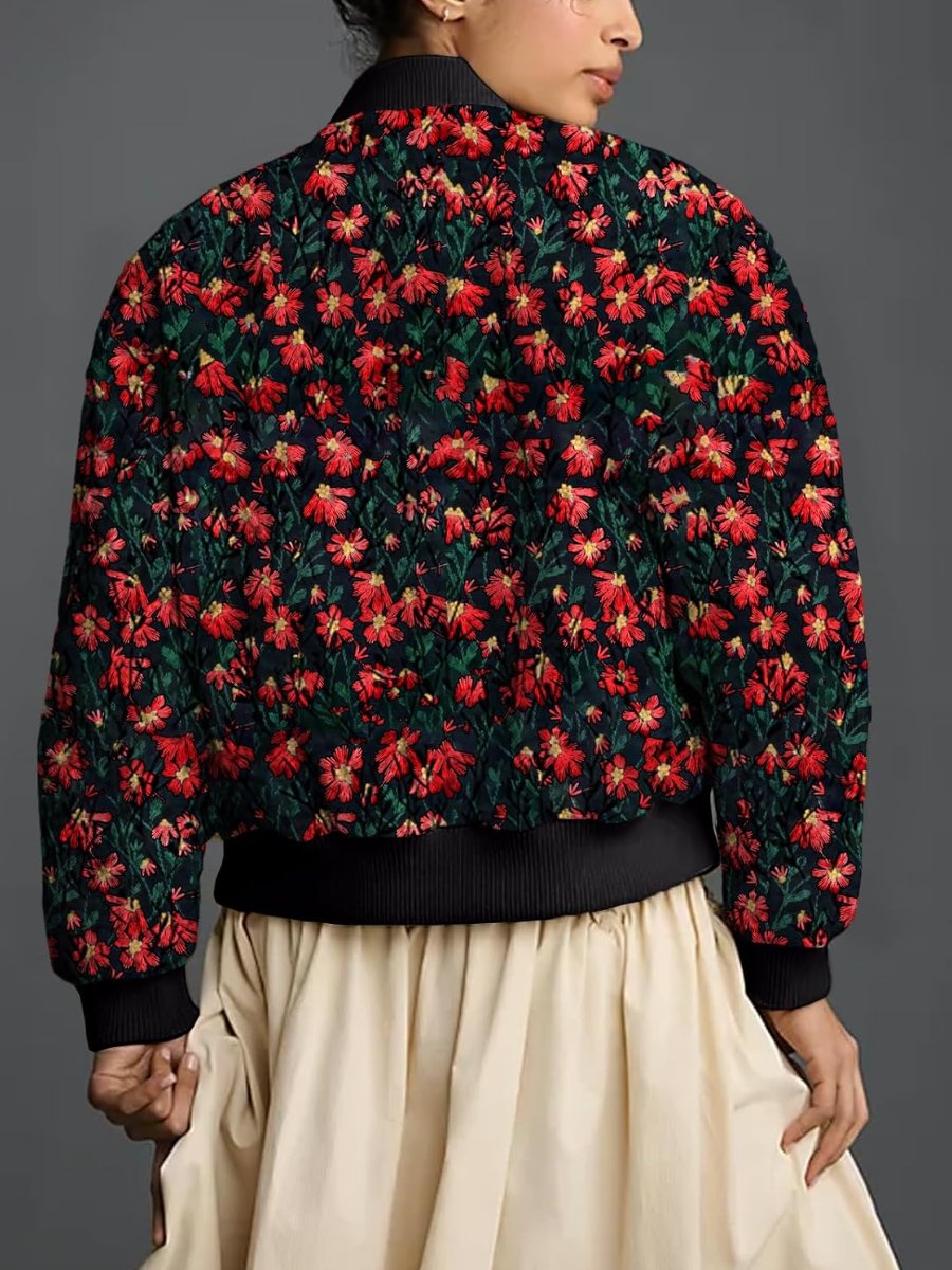 Embroidered Daisy Cropped Bomber Jacket