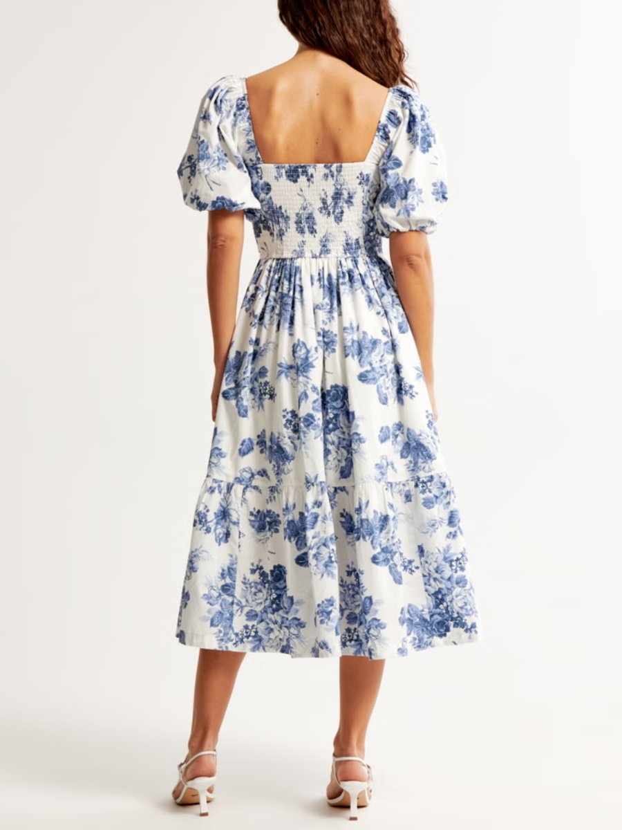 Blue Floral Puff Sleeve Midi Dress