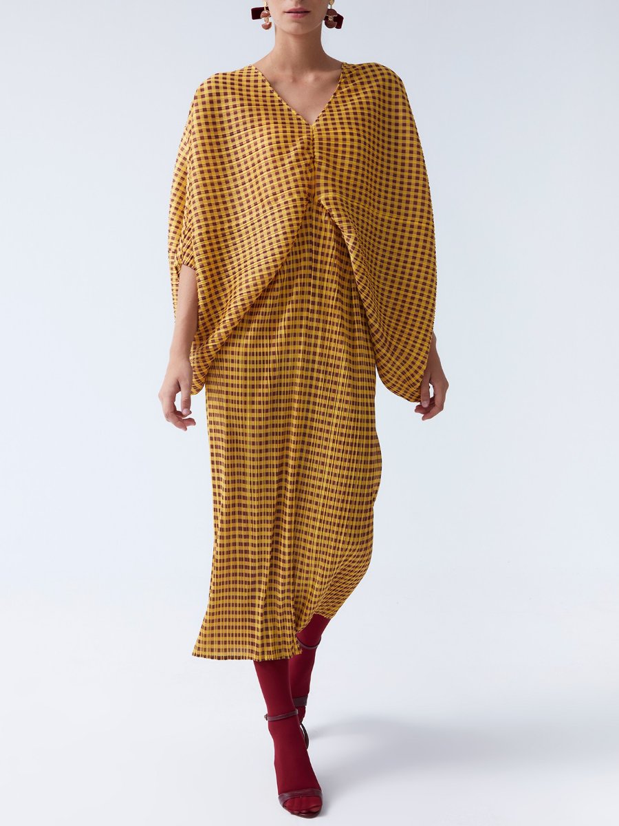 Batwing Sleeve Plaid Print Yellow Maxi Dress