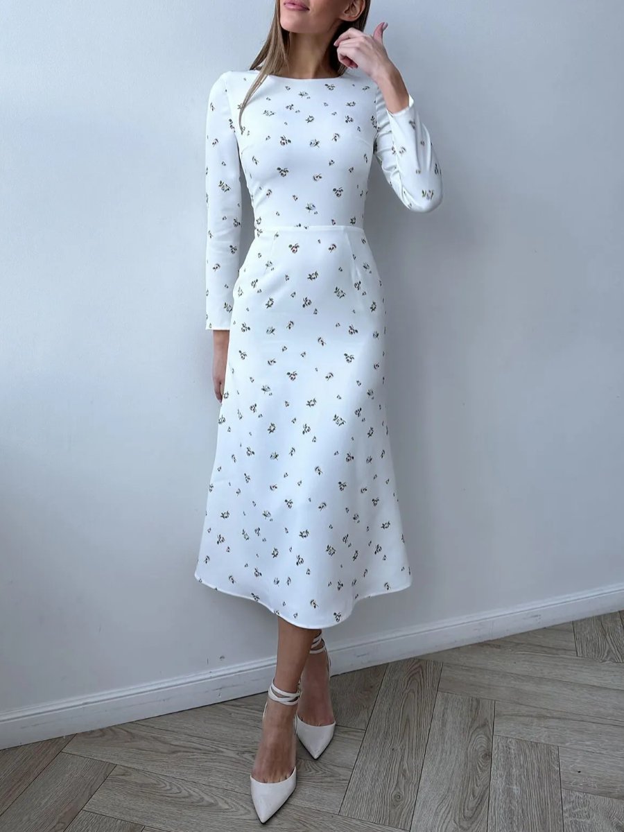 Floral Print Long Sleeve White Midi Dress