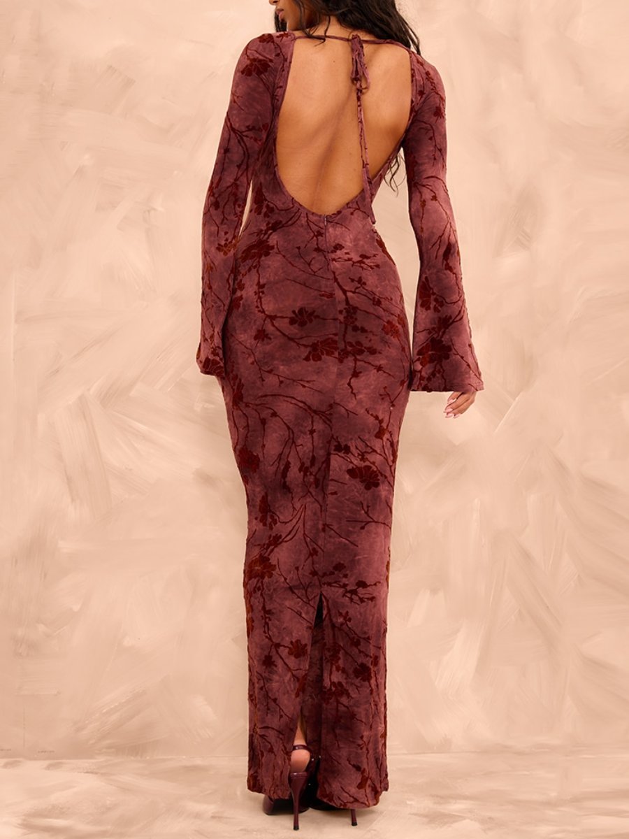 Burgundy Floral Long Sleeve Maxi Dress