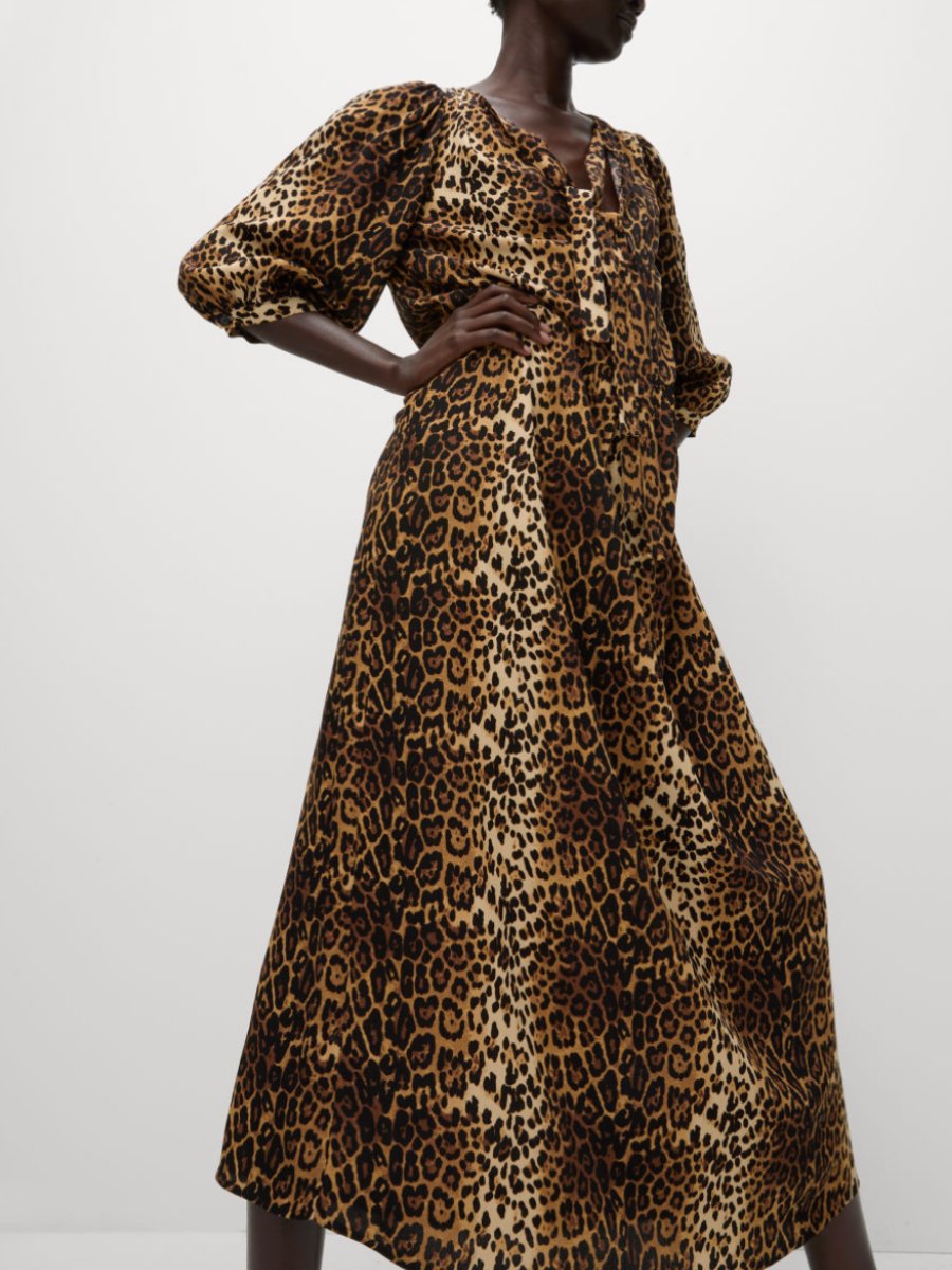 Leopard Print Tie Neck Maxi Dress