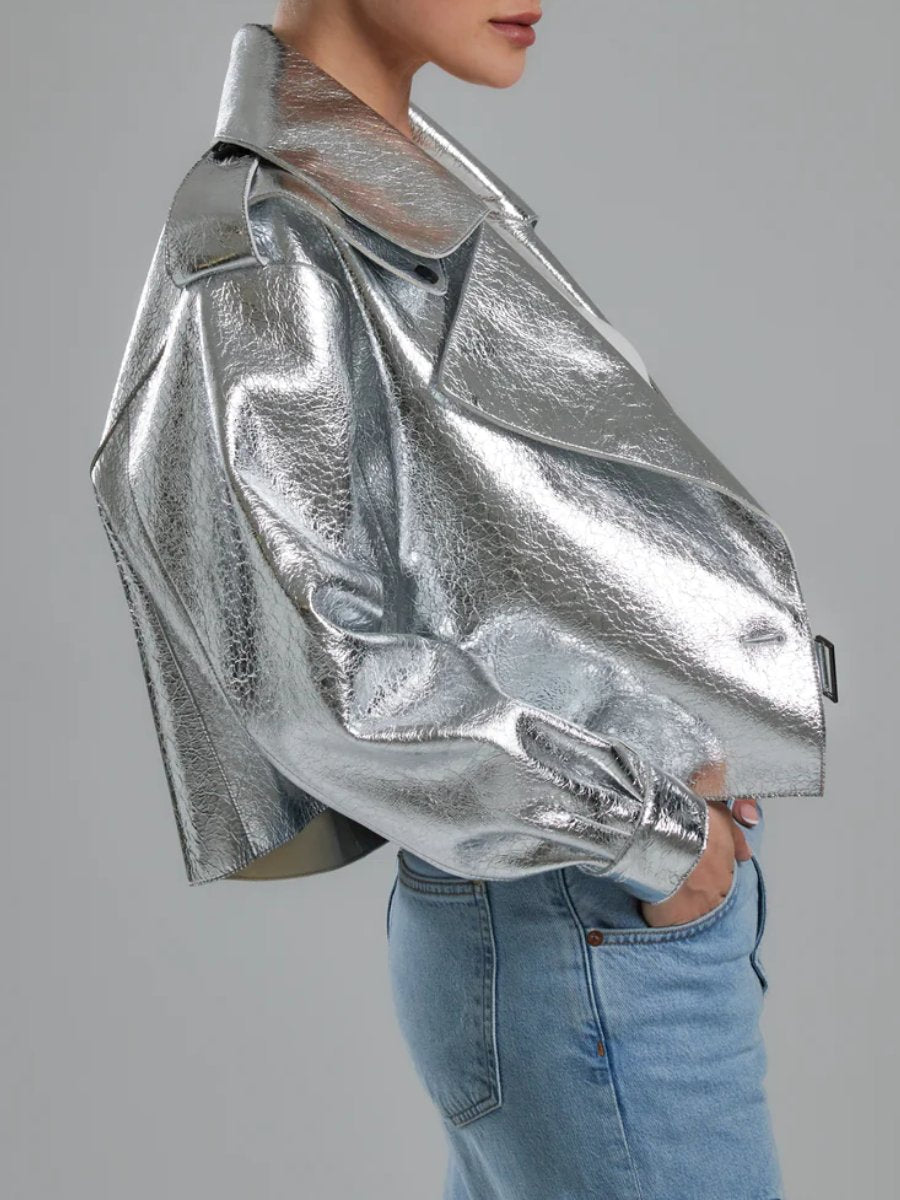 Silver Oversized Leather Jacket