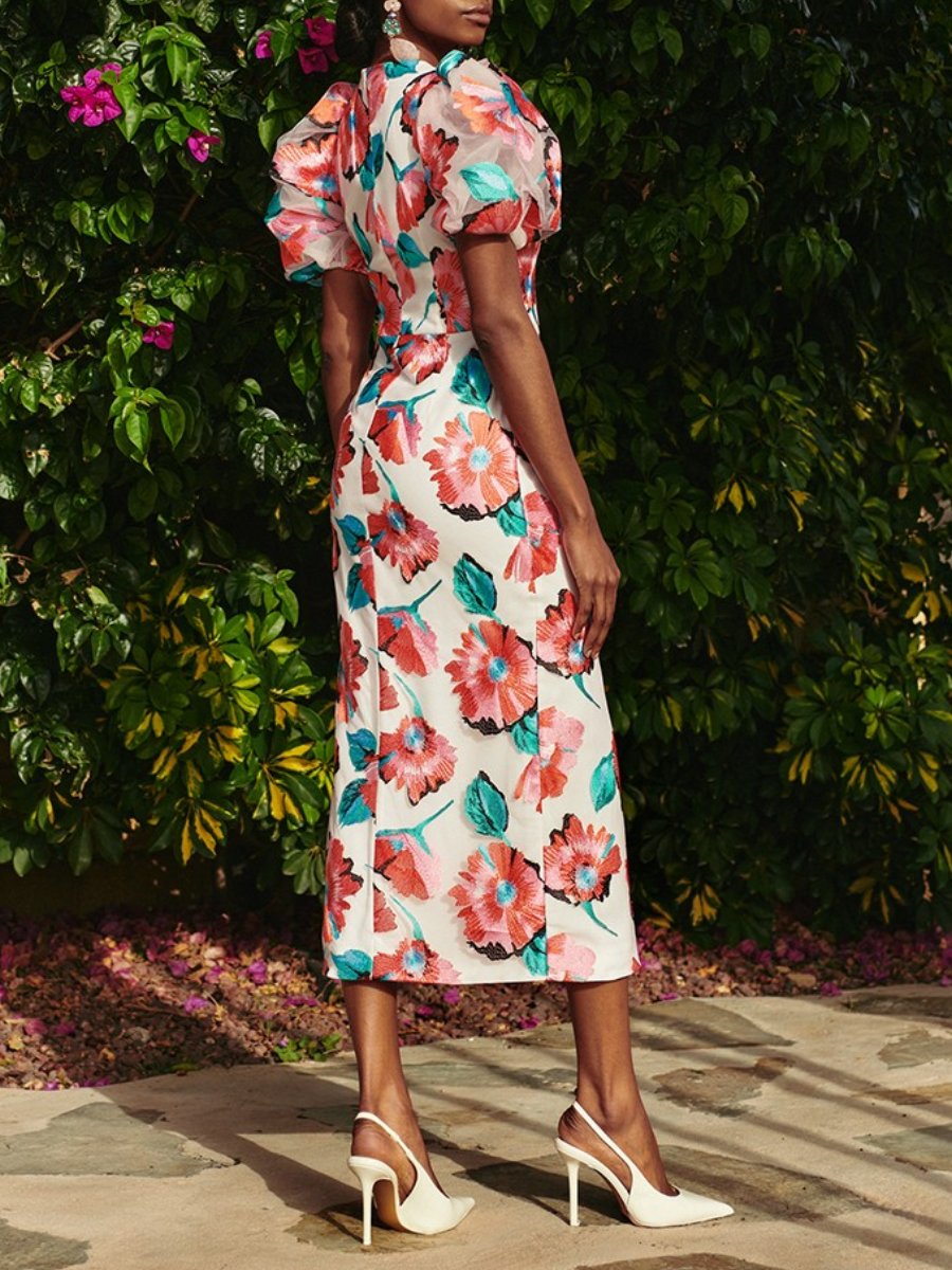 Red Floral Short Sleeve Midi Dress