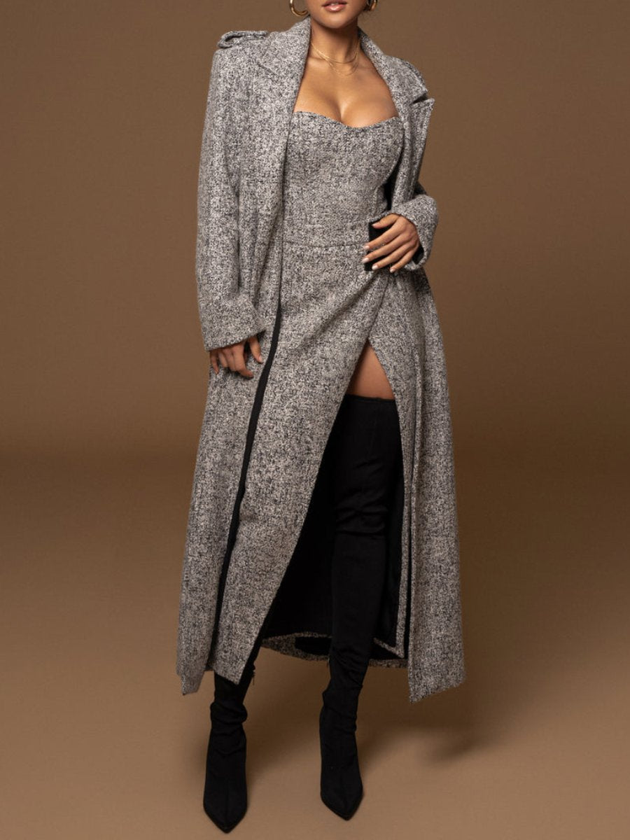 Grey Belted Tweed Coat