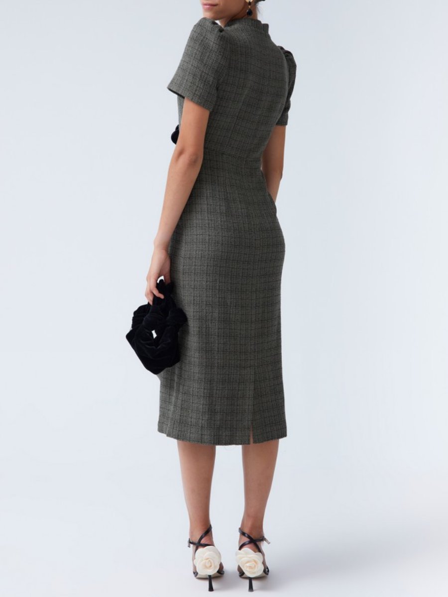 Gray Tweed Short Puffed Sleeves Midi Dress