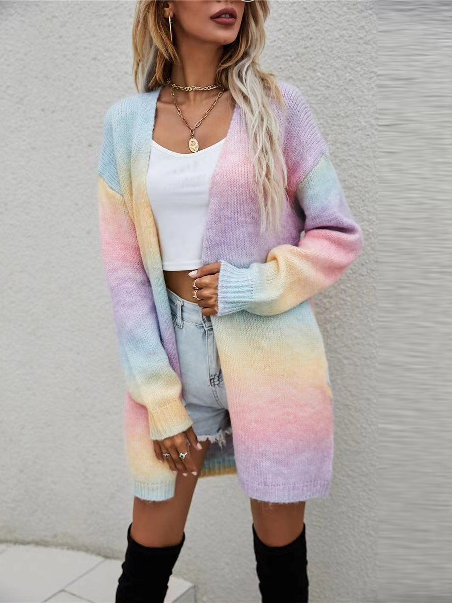 Rainbow Tie Dyeing Medium Pocket Knitted Cardigan