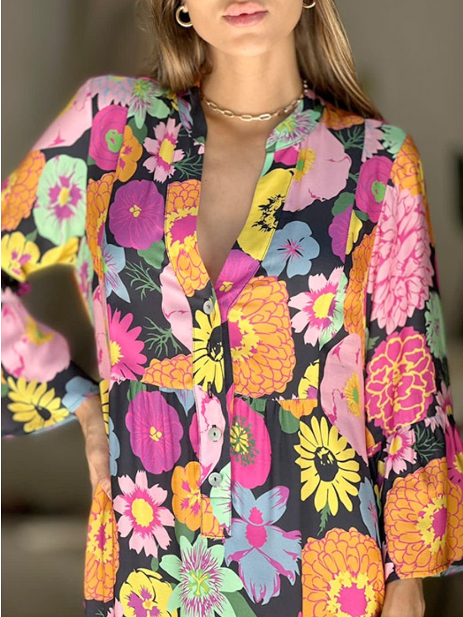 Long Sleeve V-Neck Floral Maxi Dress