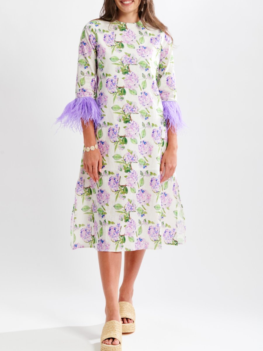 Feather Hydrangea Print Midi Dress