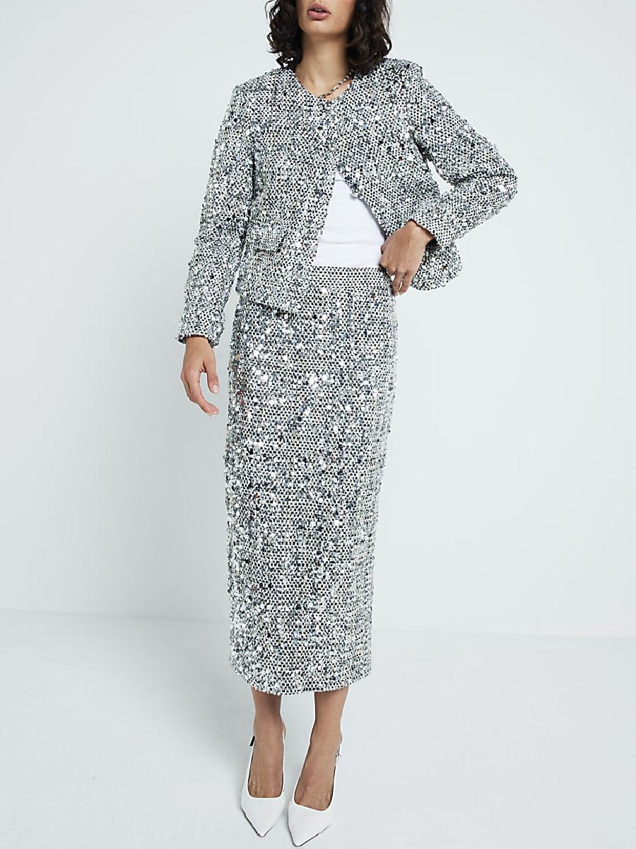 Silver Sequin Collarless Jacket