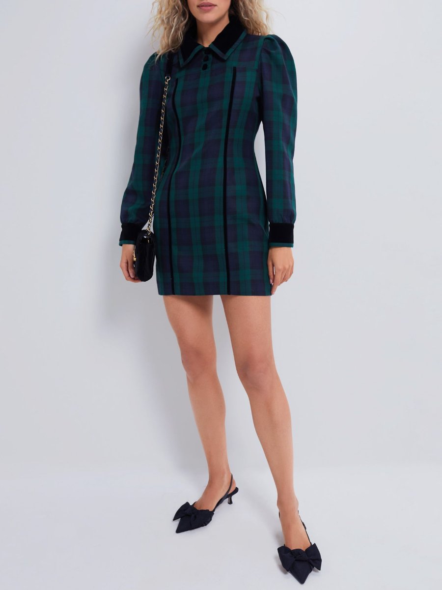 Puff Sleeve Plaid Shirt Mini Dress