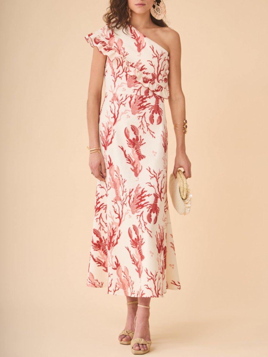 Red Lobster And Coral Print Midi Dress