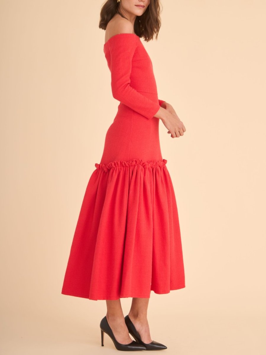 Red Tweed Long Sleeve Midi Dress