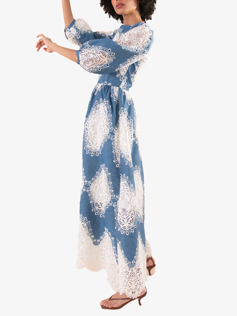 Ivory And Denim Lace Maxi Dress