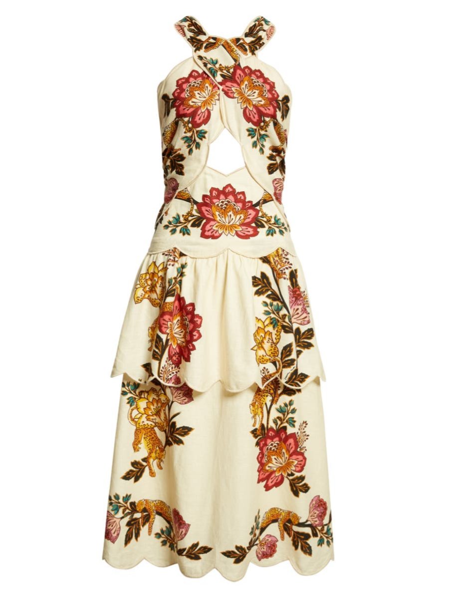 Linen Blend Cut-Out Flowers Midi Dress