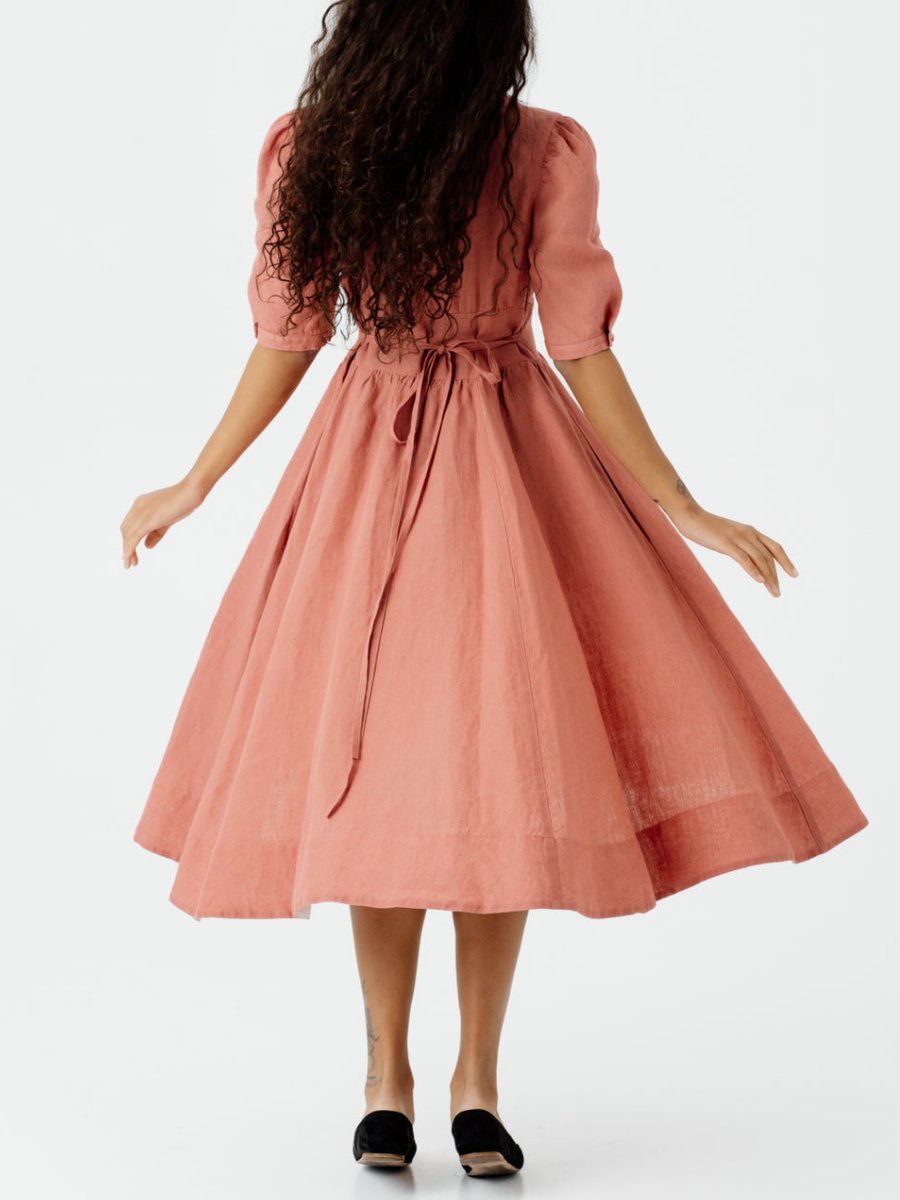 Vintage Pink Puffed Sleeve Midi Dress