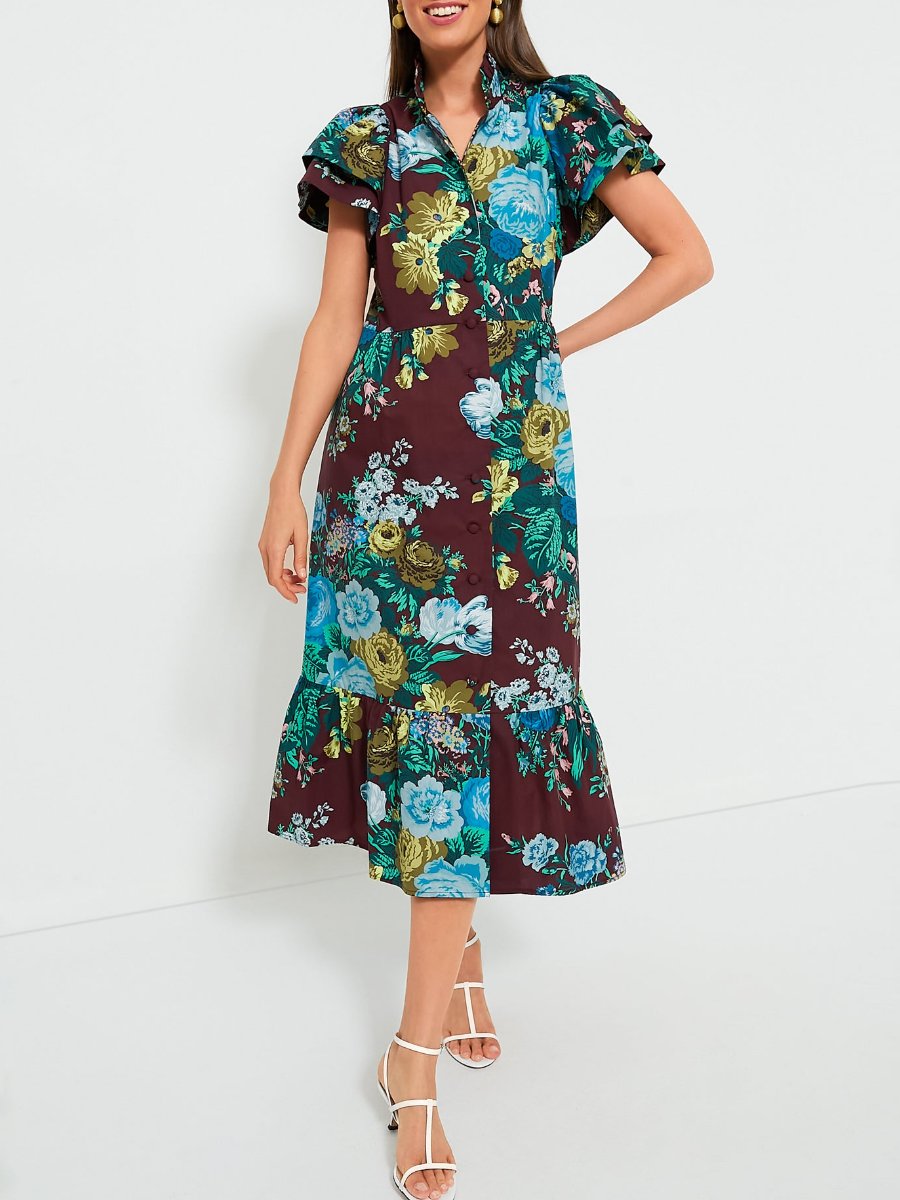 Oxblood Verdant Floral Midi Dress