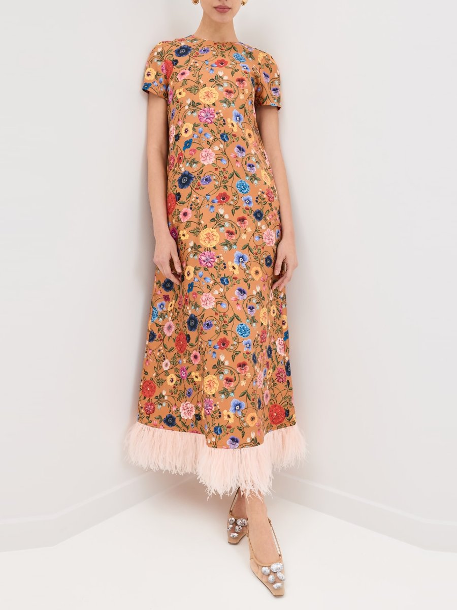 Feather Trimmed Floral Print Silk Maxi Dress