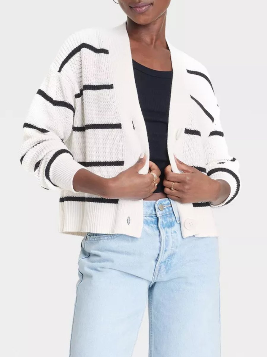 Black And White Striped Button-Up Cardigan