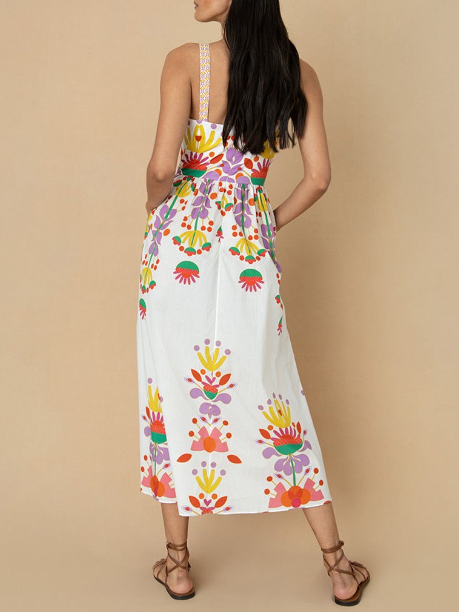 Playful Floral Print Cotton Midi Dress